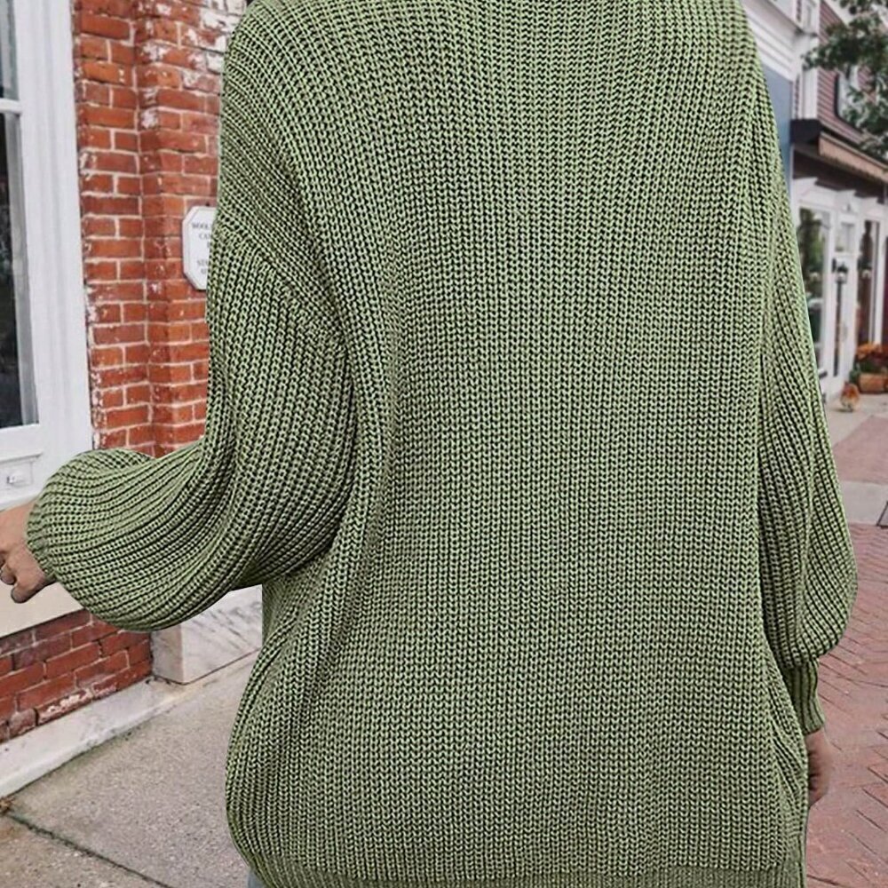Army Green Casual Women's Solid Drop Shoulder Open Front Cardigan - Picture 2 of 8